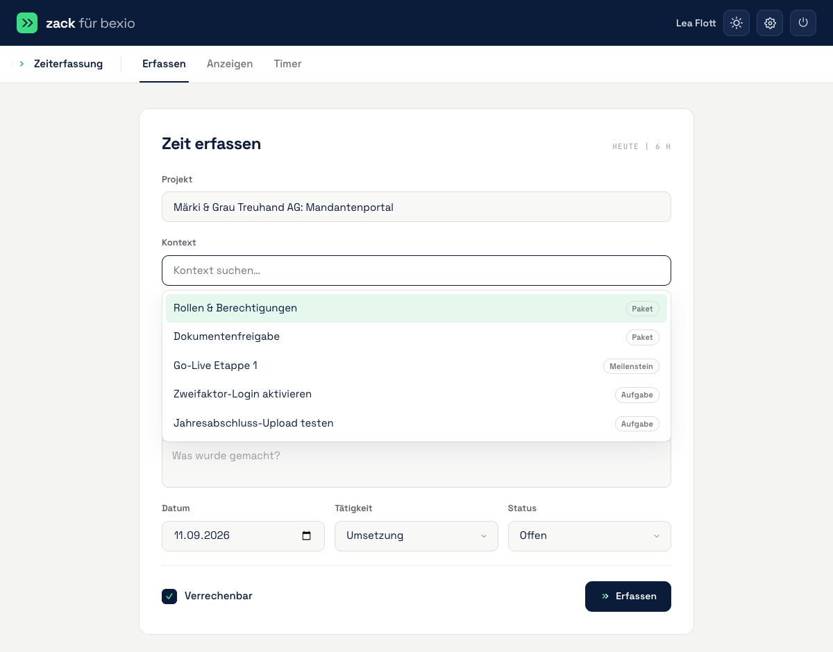 Zeit erfassen in ZACK